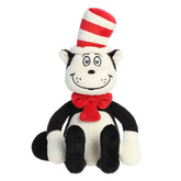 Iconic Cat In The Hat plush, the iconic cat with the tall red and white hat, and red bowtie